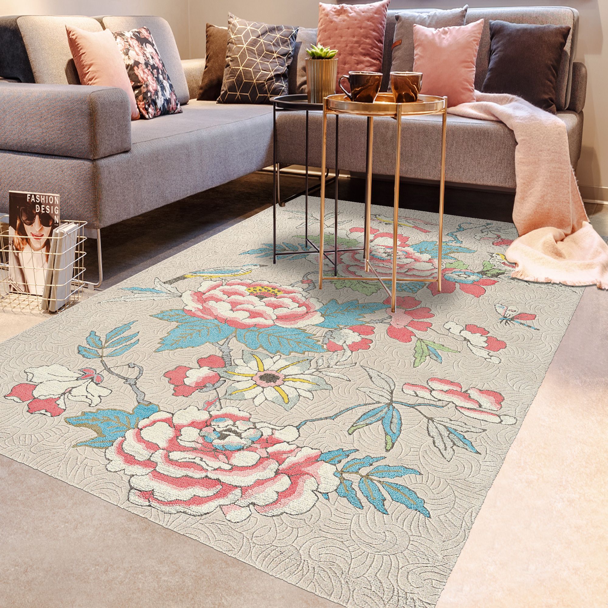 Tapis Moderne Paeonia Blush a Beige Tufte Main En Laine Un Amour De Tapis