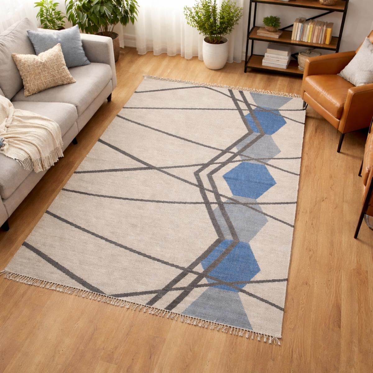 Tapis kilim BLANBLEU, fait à la main en laine motif géométrique — vue 3