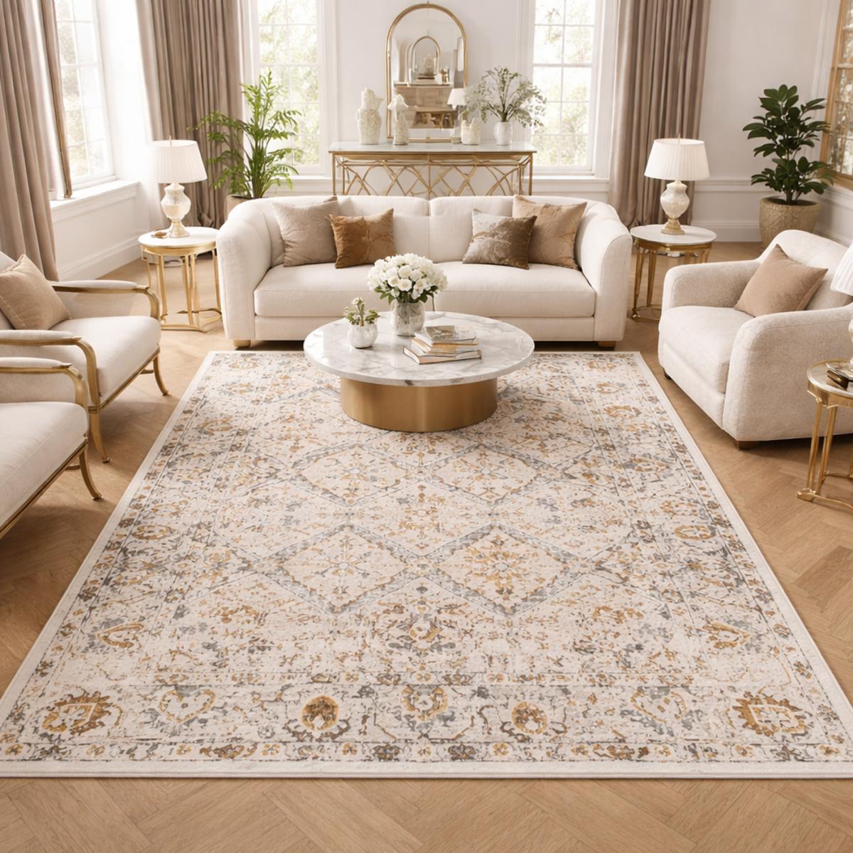 Tapis salon, motif rétro-vintage en relief, style chaleureux — vue 3
