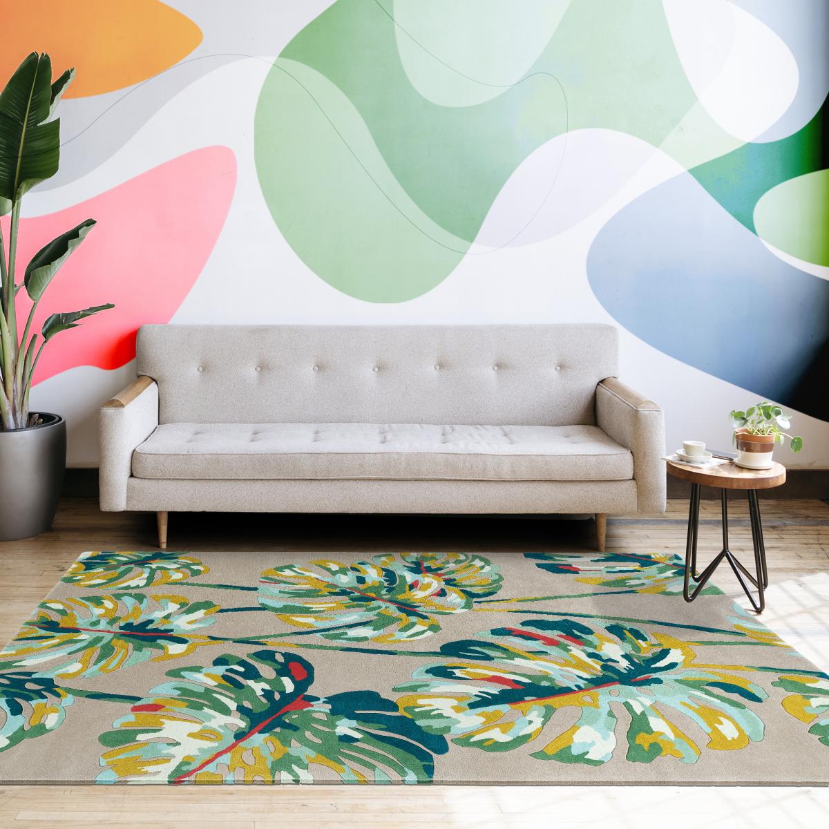 Tapis salon et chambre fait à la main en laine motif floral BLUELEAF — vue 3