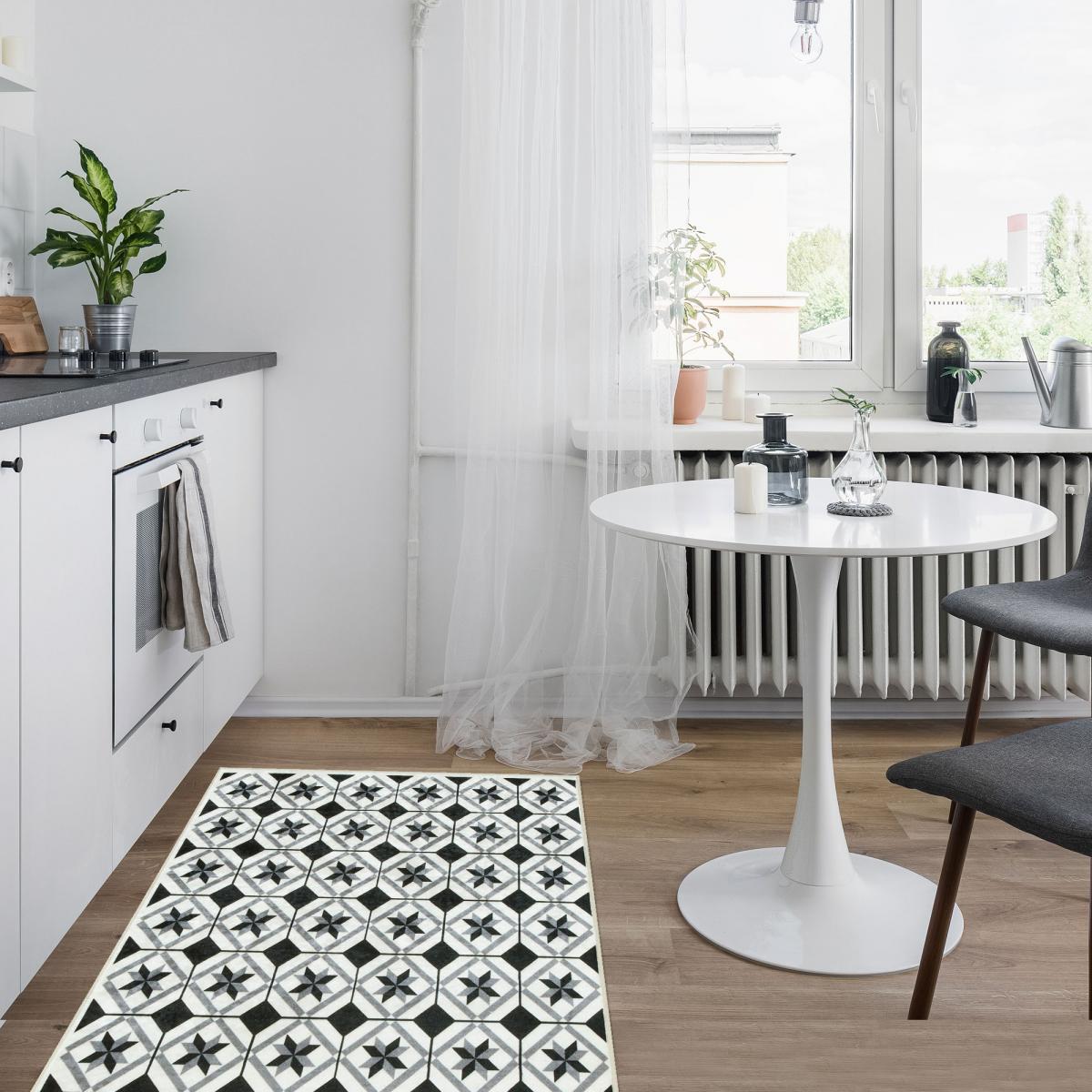 Tapis de cuisine motif carreaux de ciment LYN11 N&B — vue 3