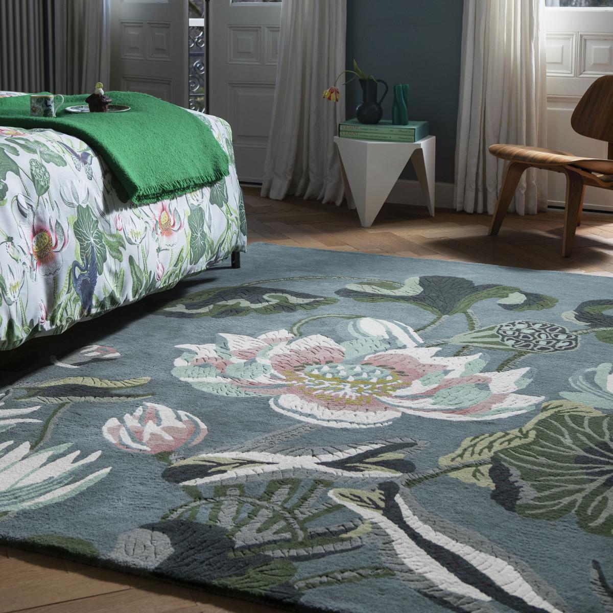 Tapis salon et chambre fait à la main en laine motif floral WATERLILY — vue 6