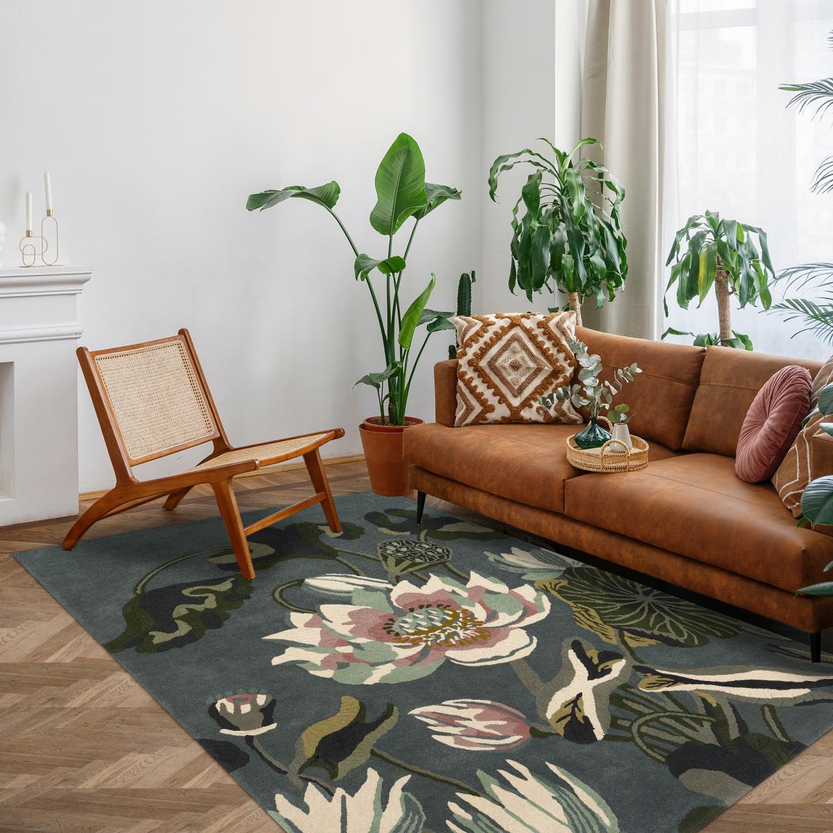 Tapis salon et chambre fait à la main en laine motif floral WATERLILY — vue 3