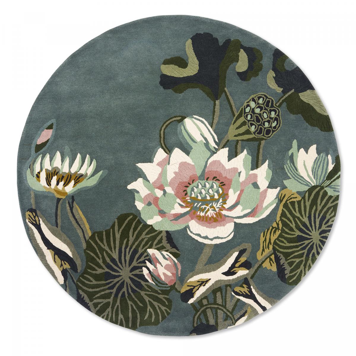 Tapis rond fait à la main en laine motif floral WATERLILY