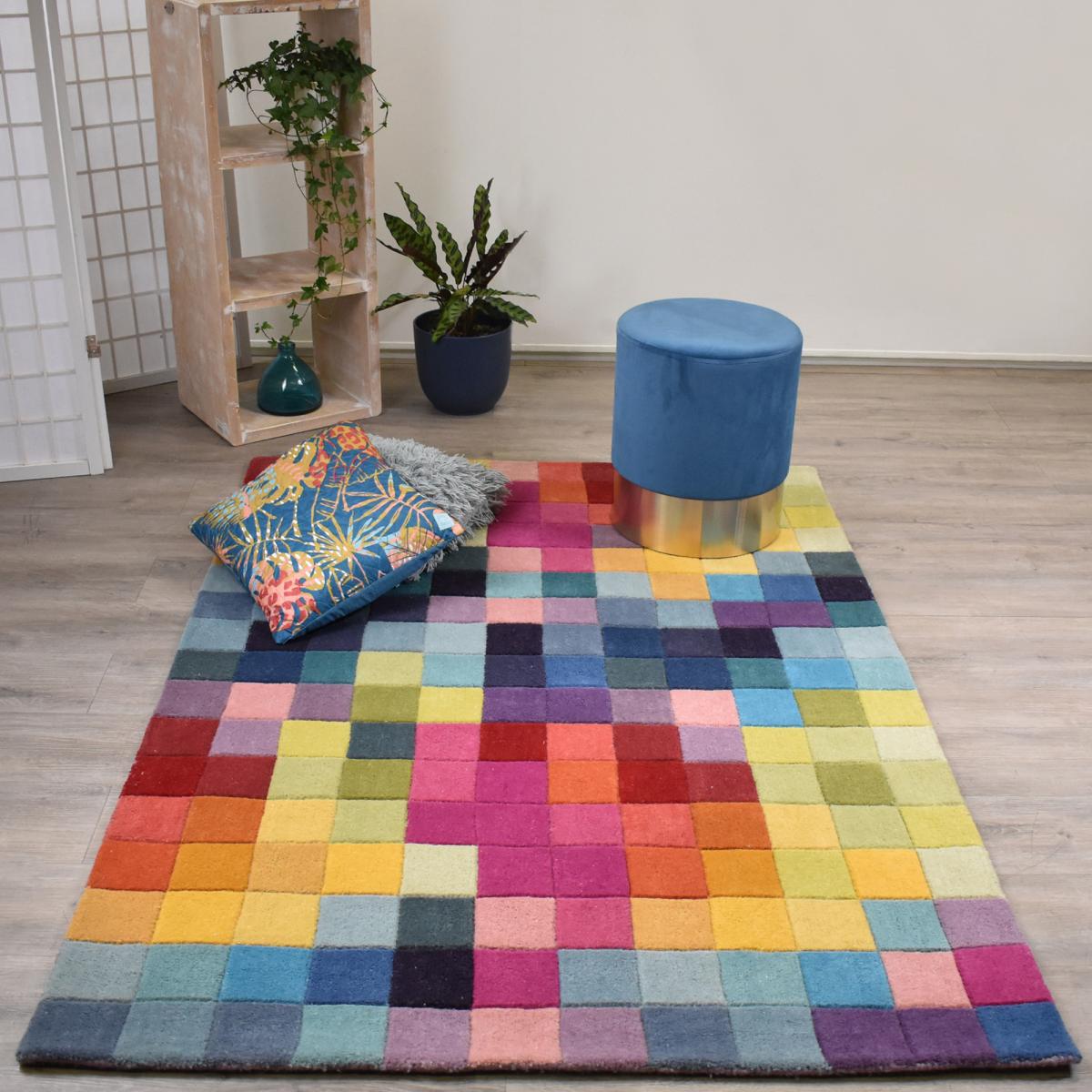 Tapis salon et chambre fait main en laine motif damier AXEL — vue 3