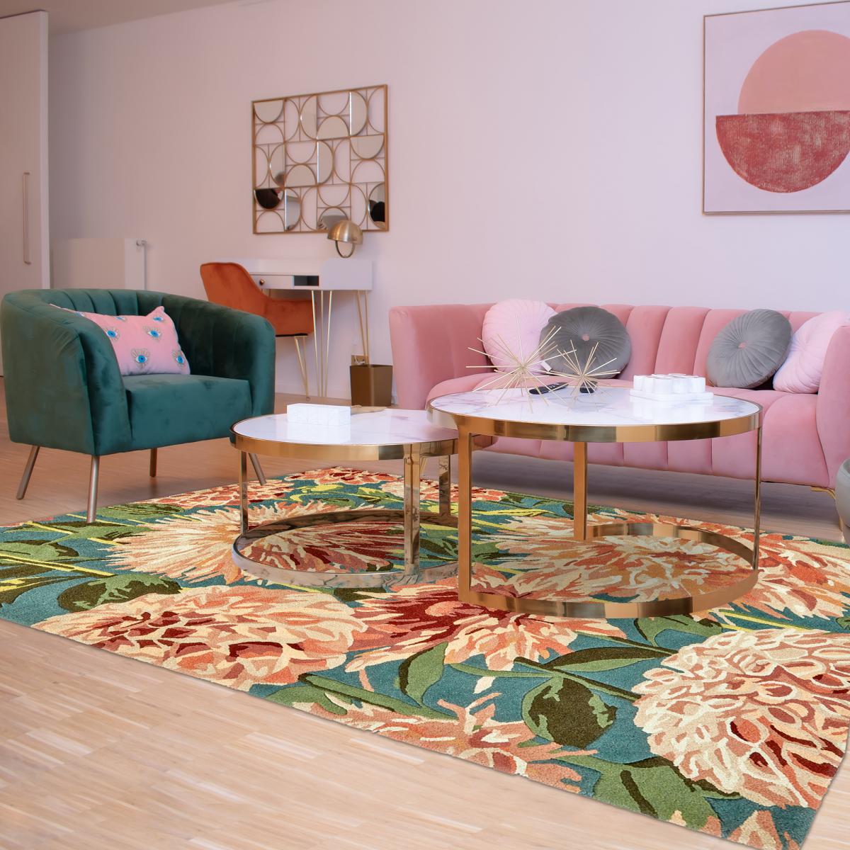 Tapis salon et chambre fait à la main en laine motif floral DAHLIA — vue 3