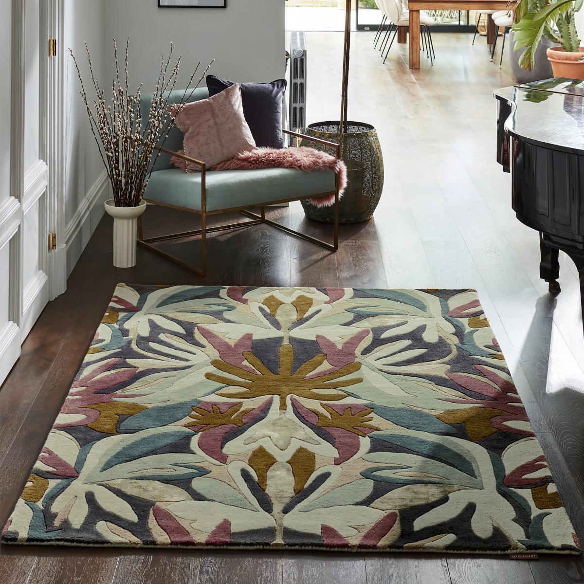 Tapis salon et chambre fait à la main en laine motif floral MELORA — vue 3