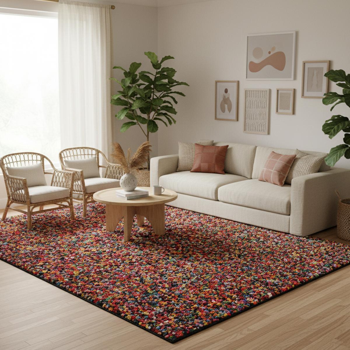 Tapis salon en tissu recyclé, ZINGARI, fait main, motif abstrait multicolore — vue 3