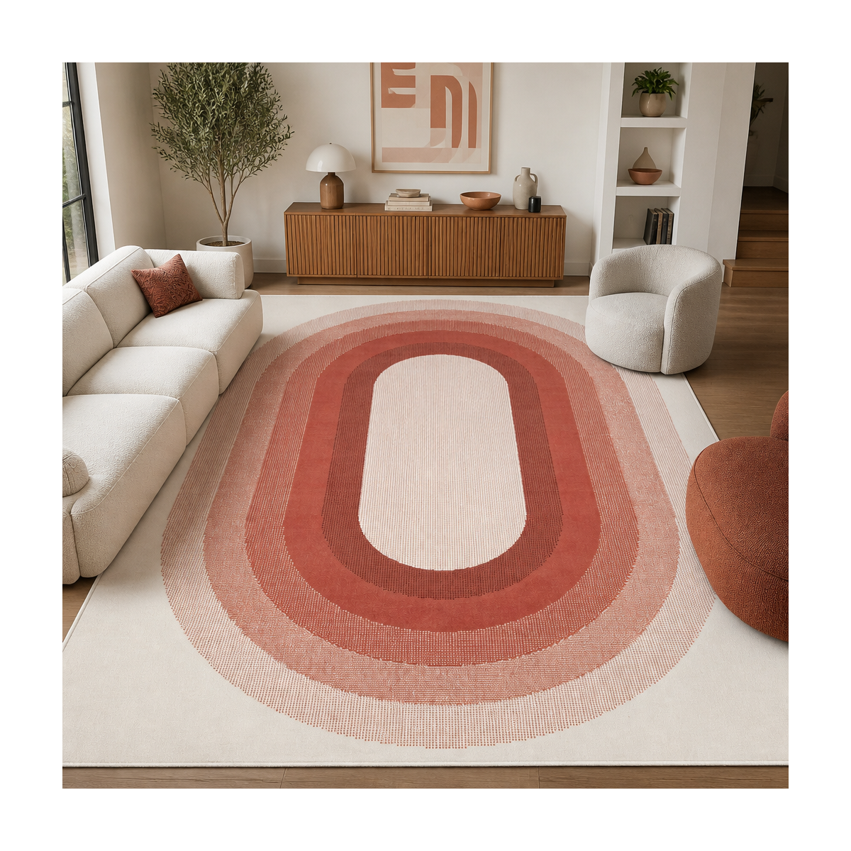 Tapis motif géométrique ovale dégradé, style rétro 70's — vue 3