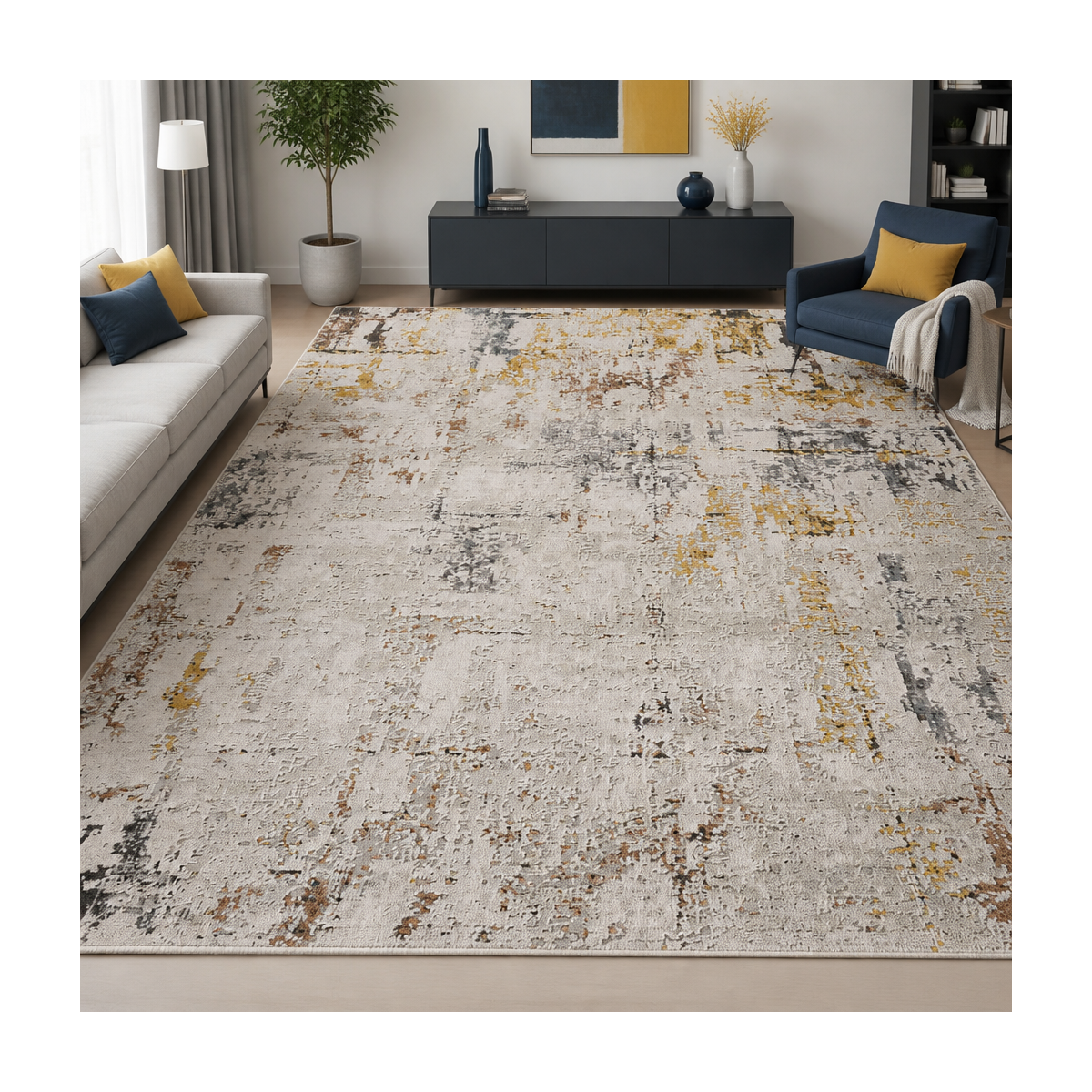 Tapis salon, motif abstrait en relief, moderne et résistant LYN51 OCRE — vue 3