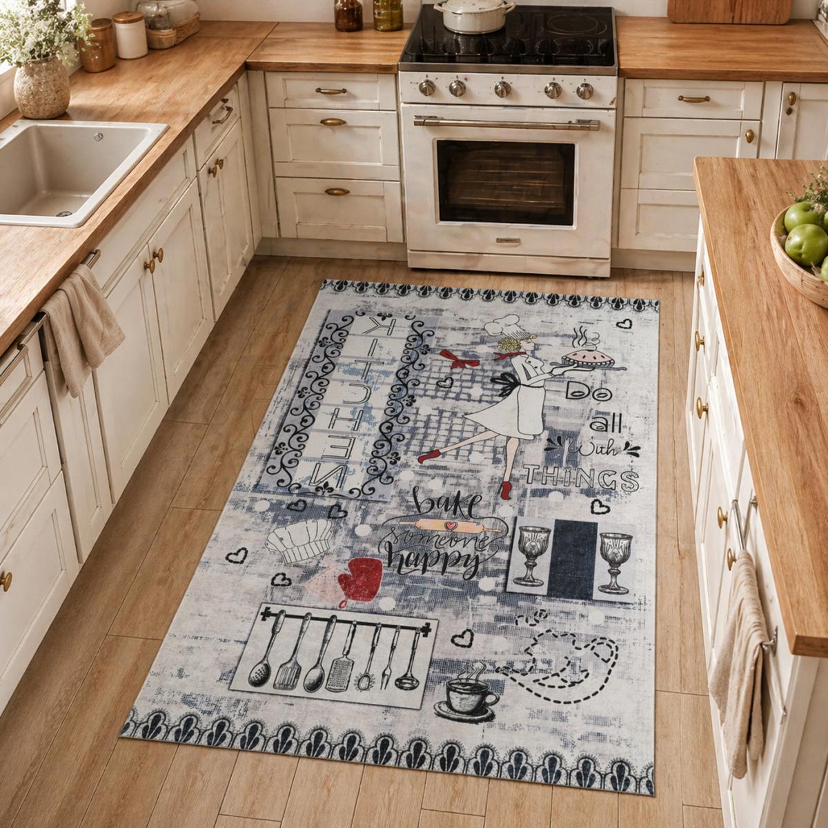 Tapis de cuisine, motif texte kilim tissé, lavable en machine — vue 3