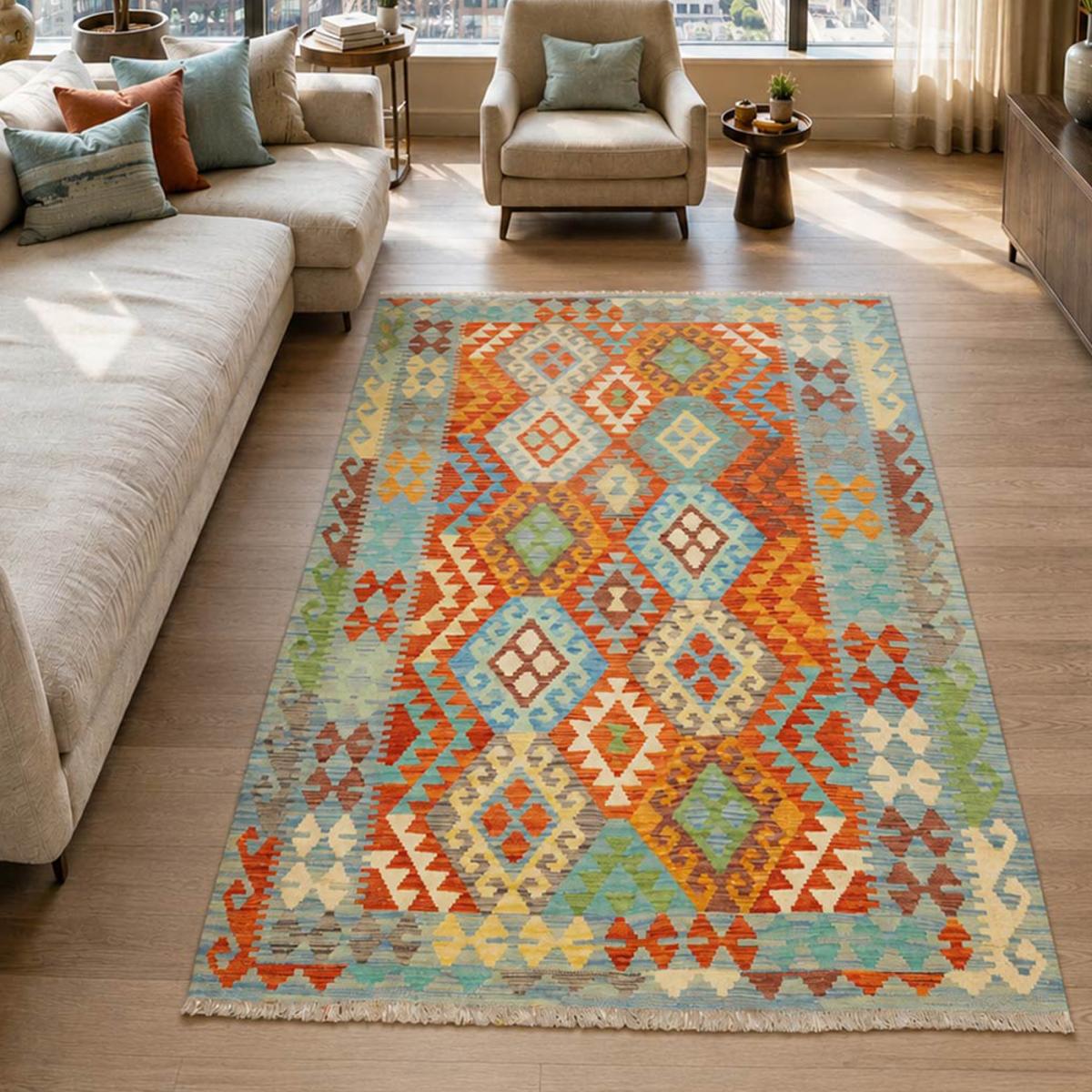 Tapis d'orient ethnique authentique, tissé plat en laine naturelle — vue 3
