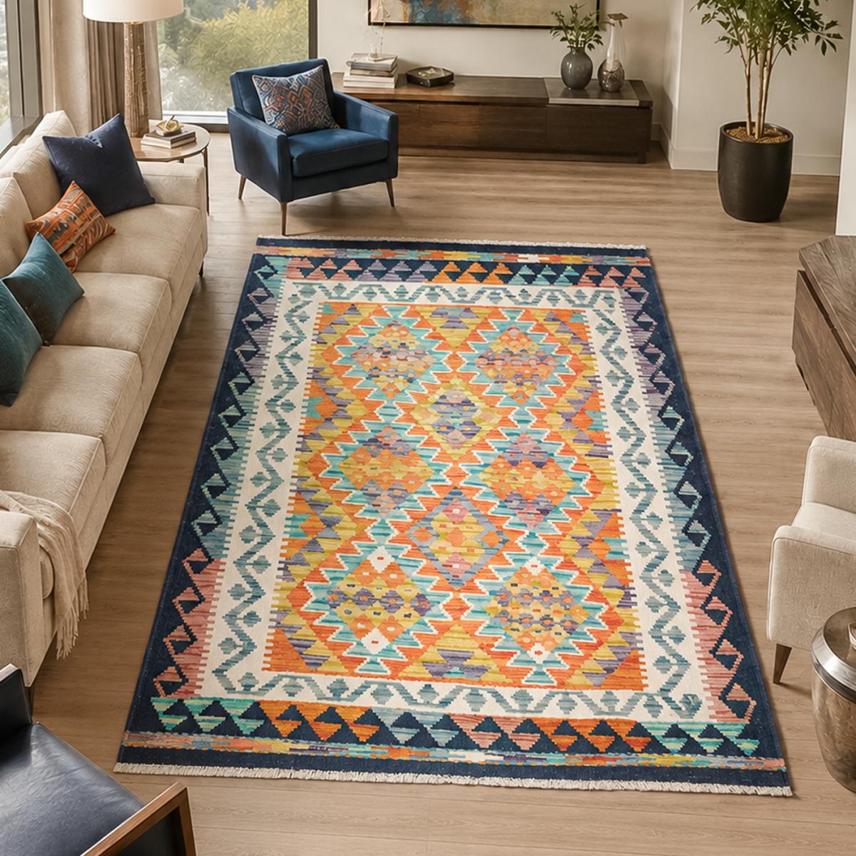 Tapis d'orient à motif géométrique, tissage plat authentique — vue 3