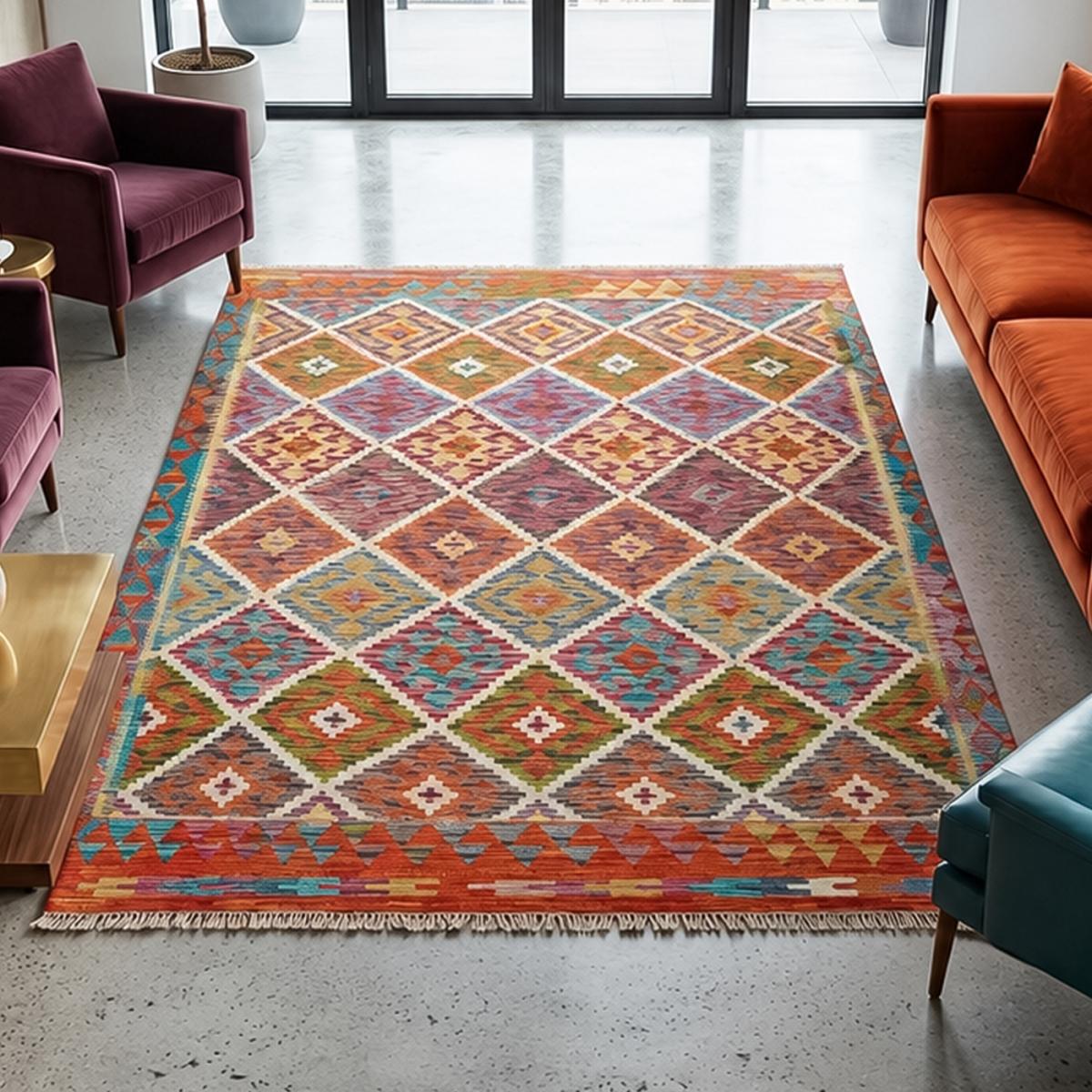 Tapis d'orient géométrique, tissé à plat, artisanal en laine — vue 3