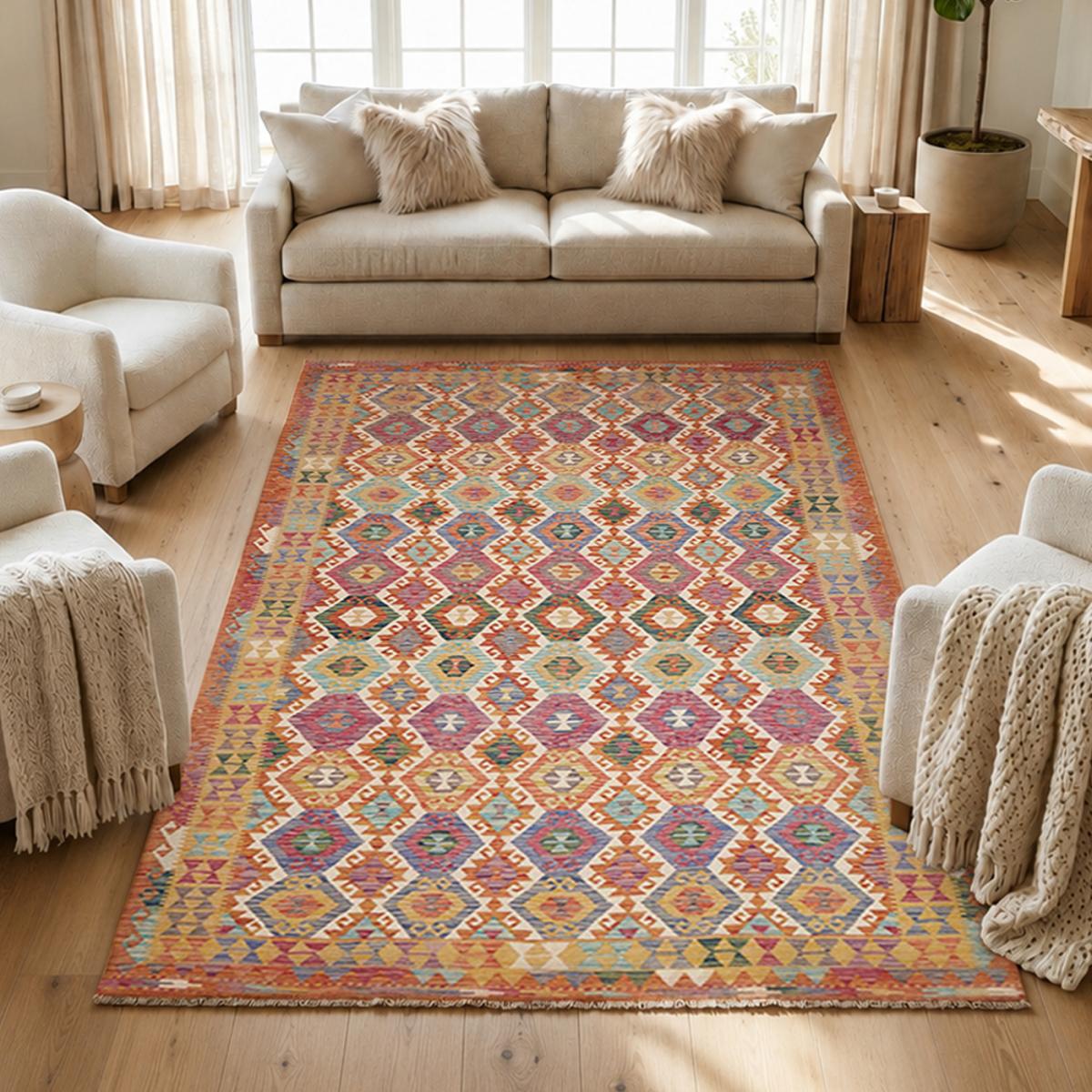 Tapis d'orient ethnique en laine naturelle, tissé plat artisanal — vue 3