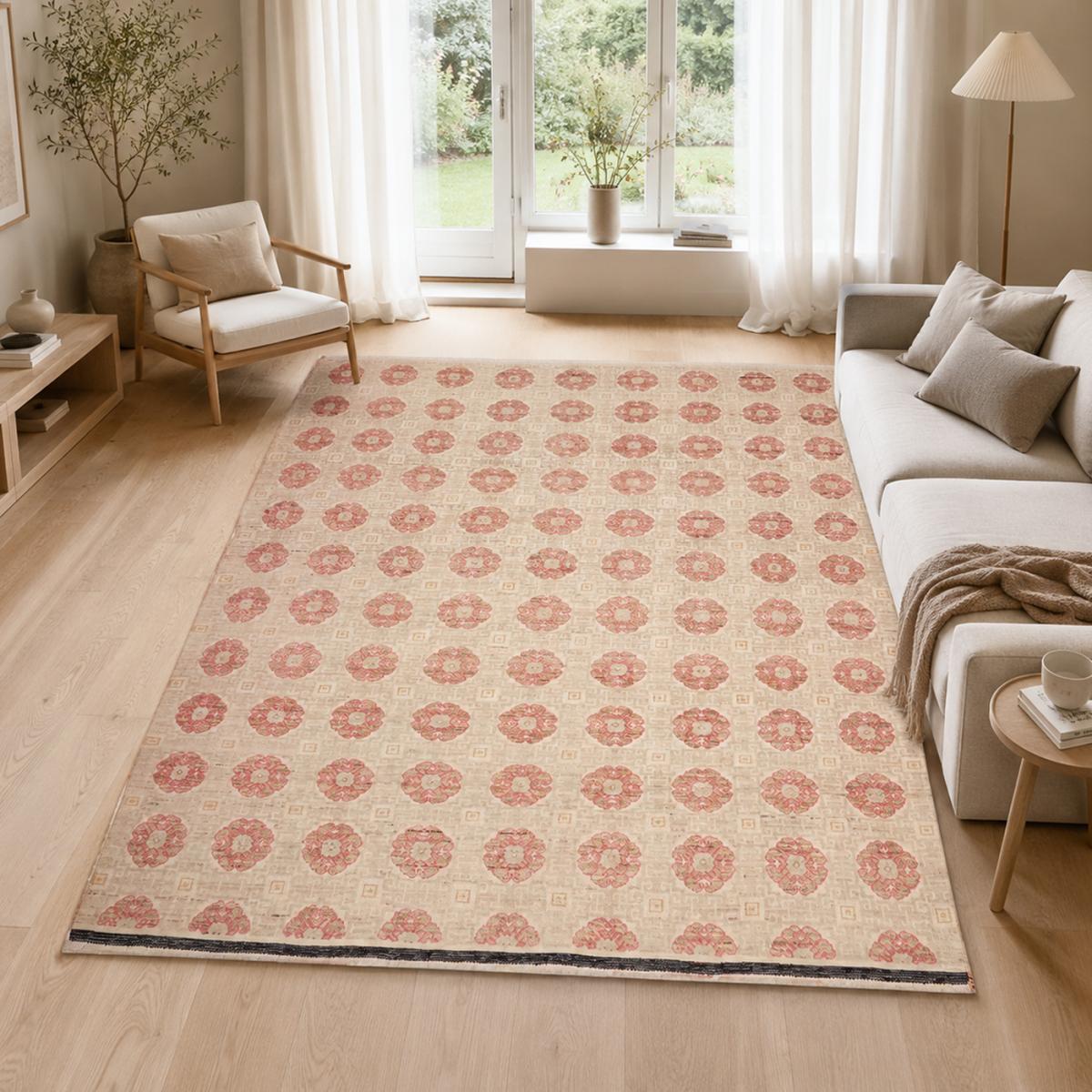 Tapis salon, motif nature floral, artisanal noué main en laine — vue 3