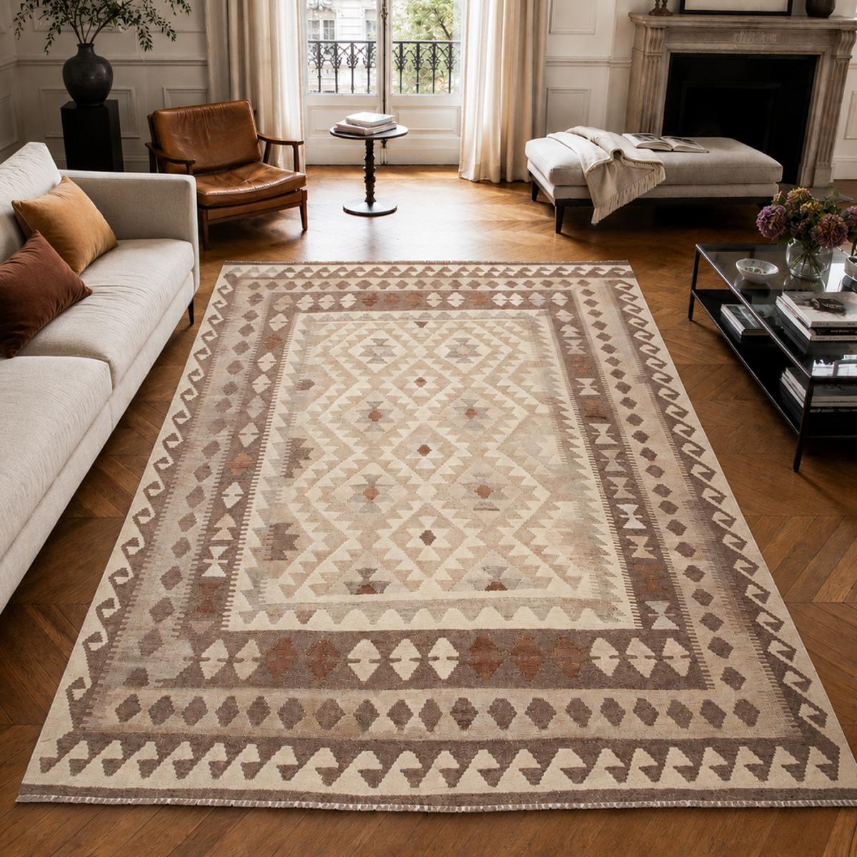 Tapis kilim au motif ethnique, tissé plat en laine naturelle — vue 3