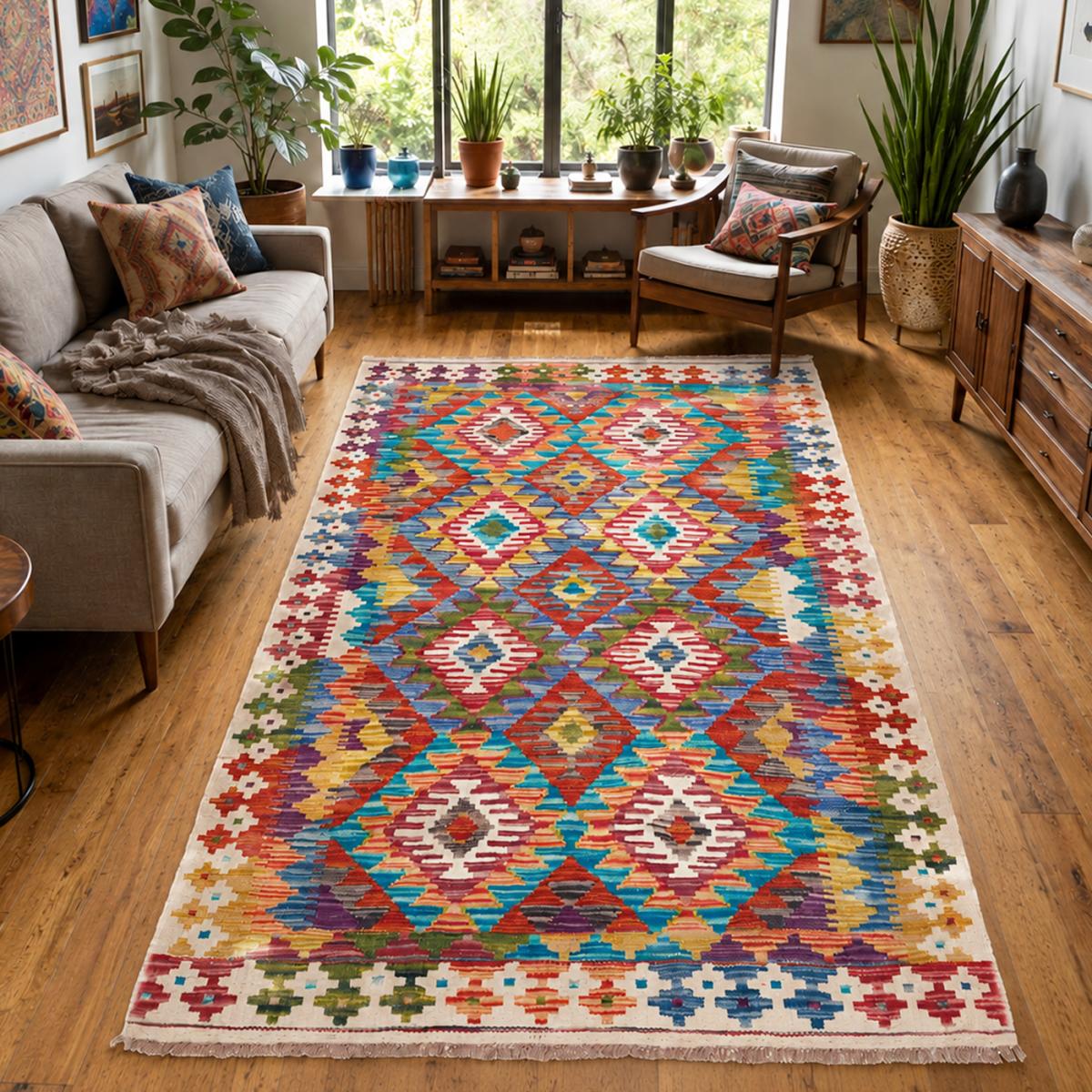 Tapis kilim à motif géométrique, tissé plat en laine, KILIM 27 — vue 3