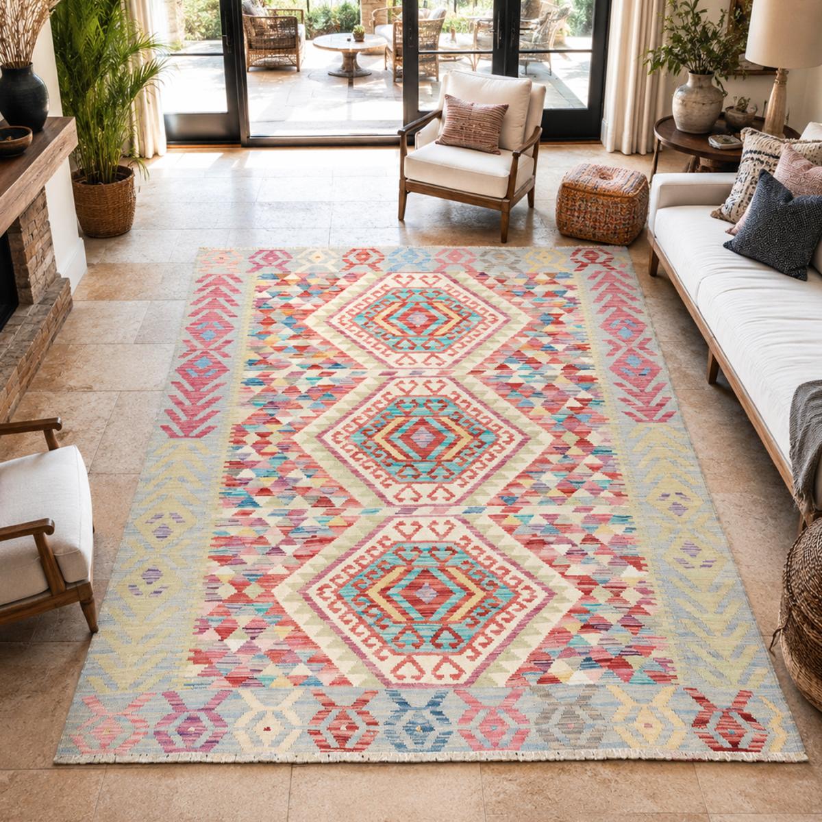 Tapis kilim au motif ethnique, tissé à plat en laine naturelle — vue 3