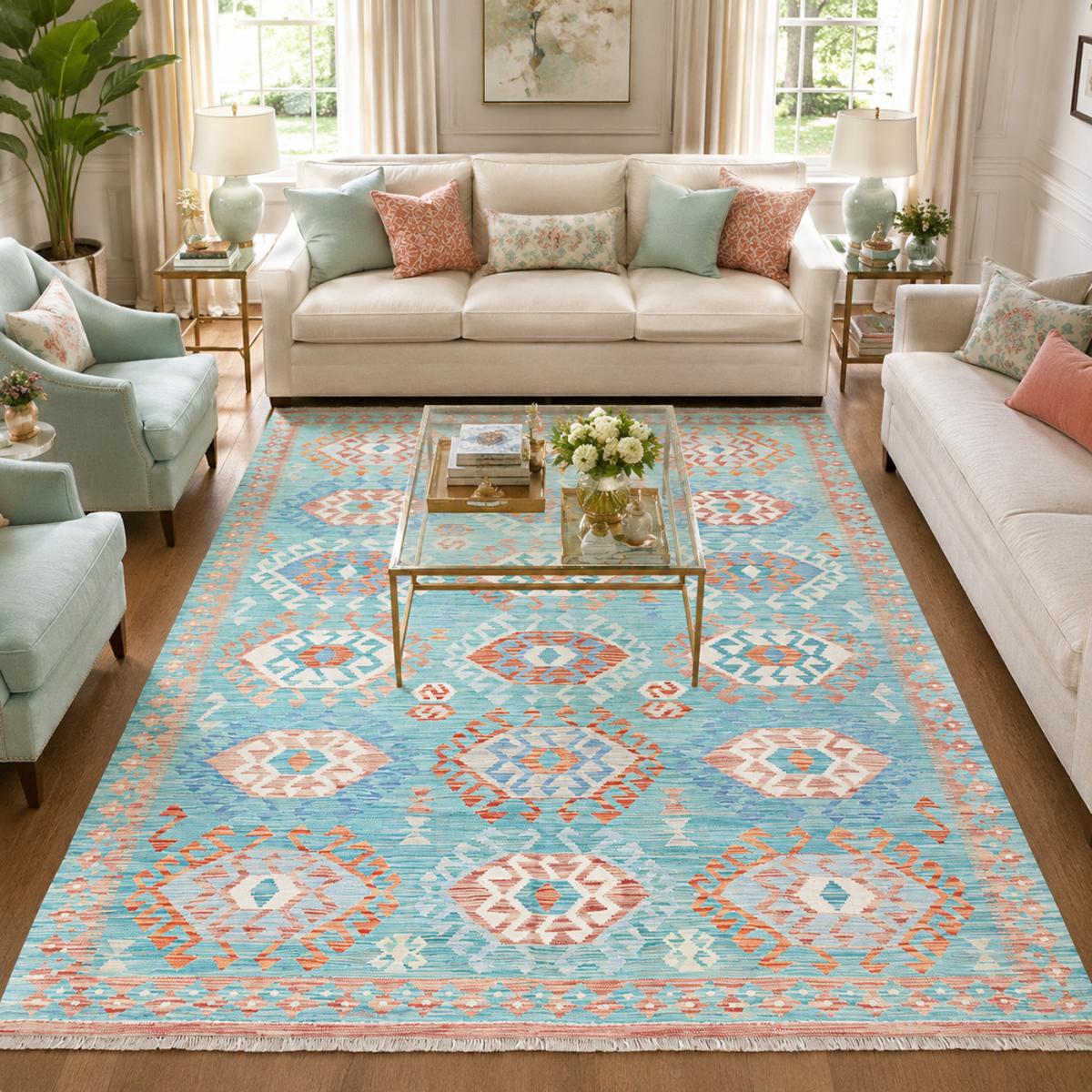 Tapis kilim géométrique, tissé à plat, en laine naturelle — vue 3