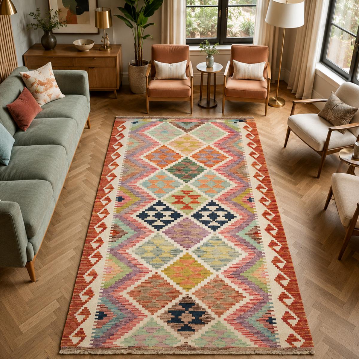 Tapis kilim, motif ethnique authentique, tissé plat en laine — vue 3