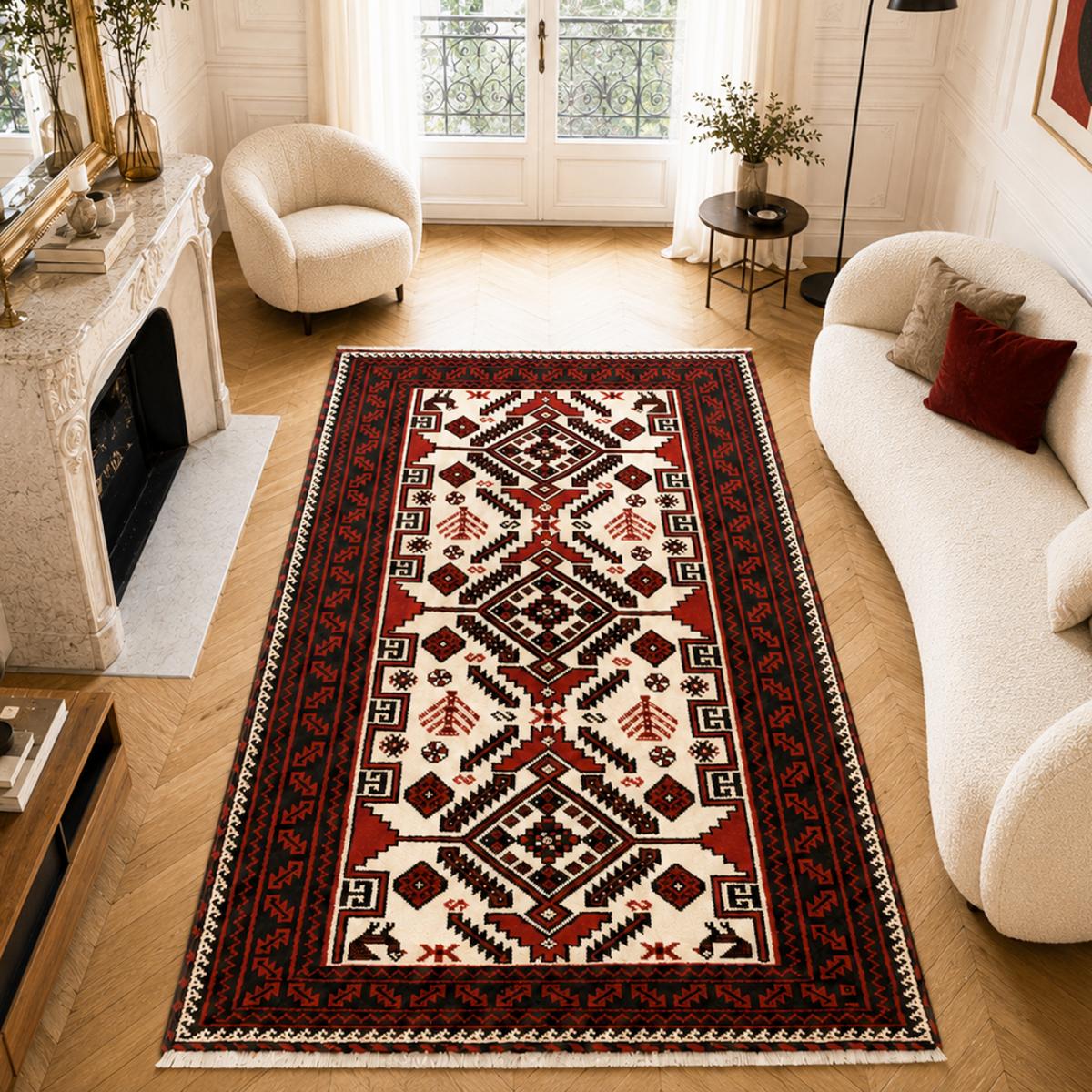 Tapis salon au motif géométrique, noué main en laine, BALUTSCH 7 — vue 3