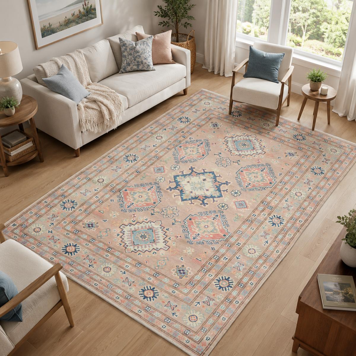 Tapis salon géométrique noué main, authentique en laine naturelle — vue 3