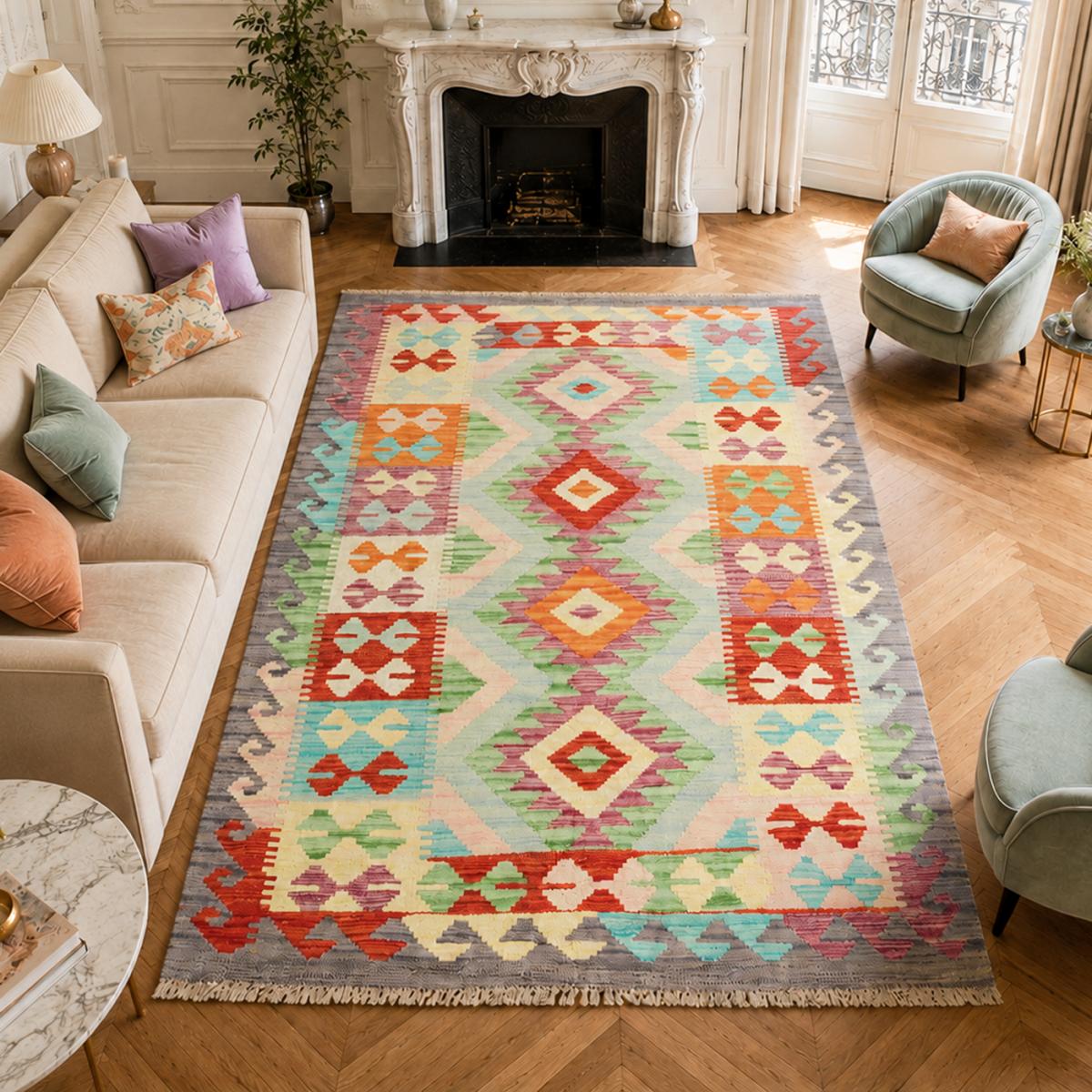 Tapis kilim géométrique en laine, tissé à plat, KILIM 63 — vue 3