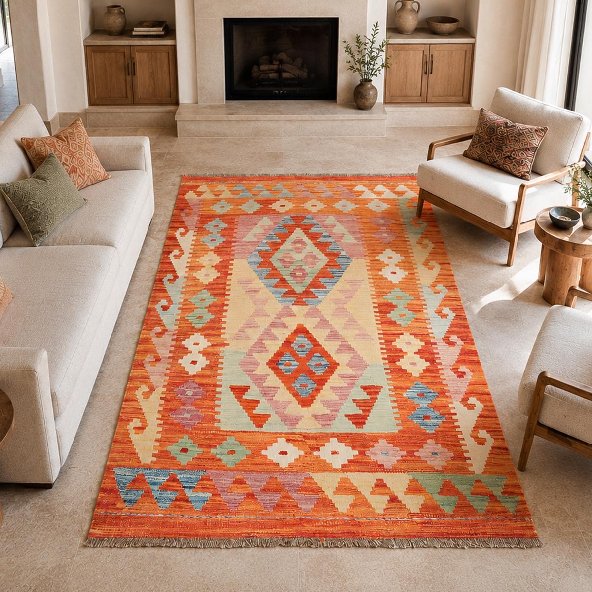 Tapis kilim au motif ethnique, artisanal, tissé plat en laine — vue 3
