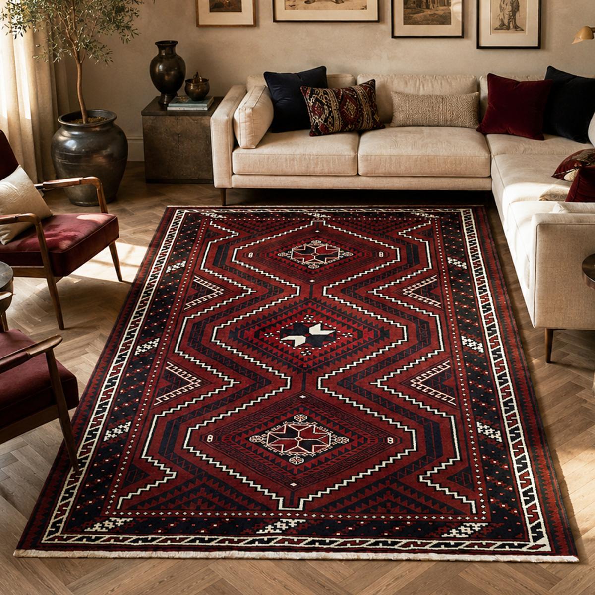 Tapis salon géométrique, noué main en laine artisanale, LORI 6 — vue 3