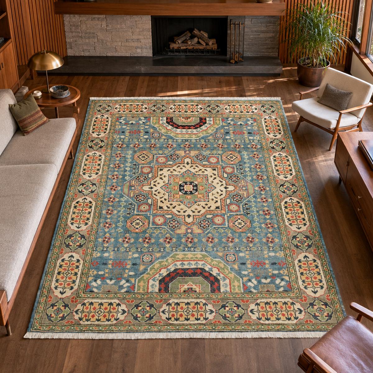 Tapis salon, motif géométrique noué main, laine naturelle, KAZAK CO 69 — vue 3