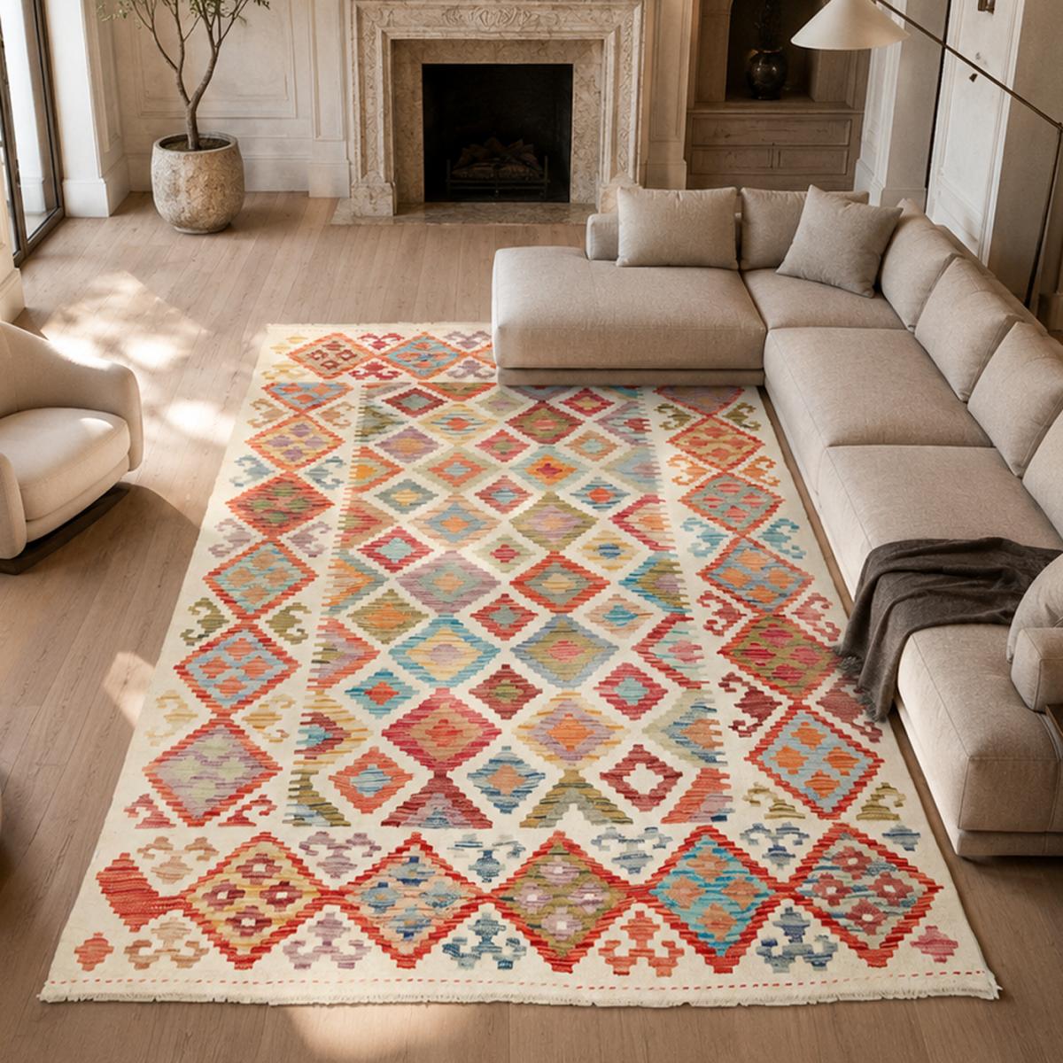 Tapis kilim géométrique, tissé plat en laine naturelle, KILIM 90 — vue 3