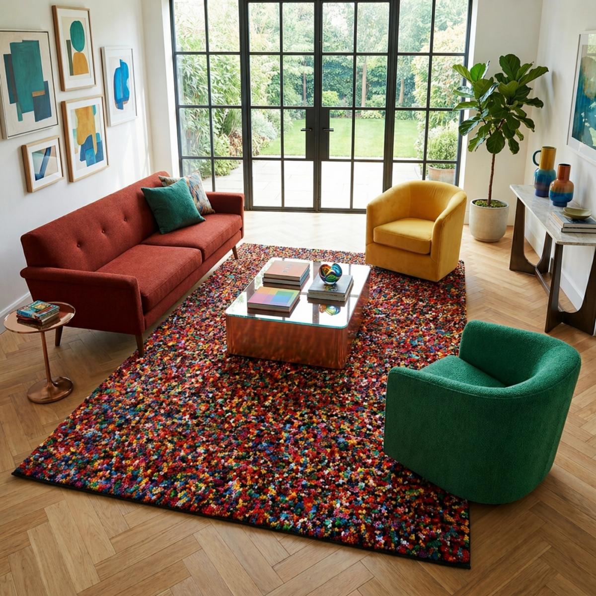 Tapis salon en tissu recyclé, ZINGARI, fait main, motif abstrait multicolore — vue 3